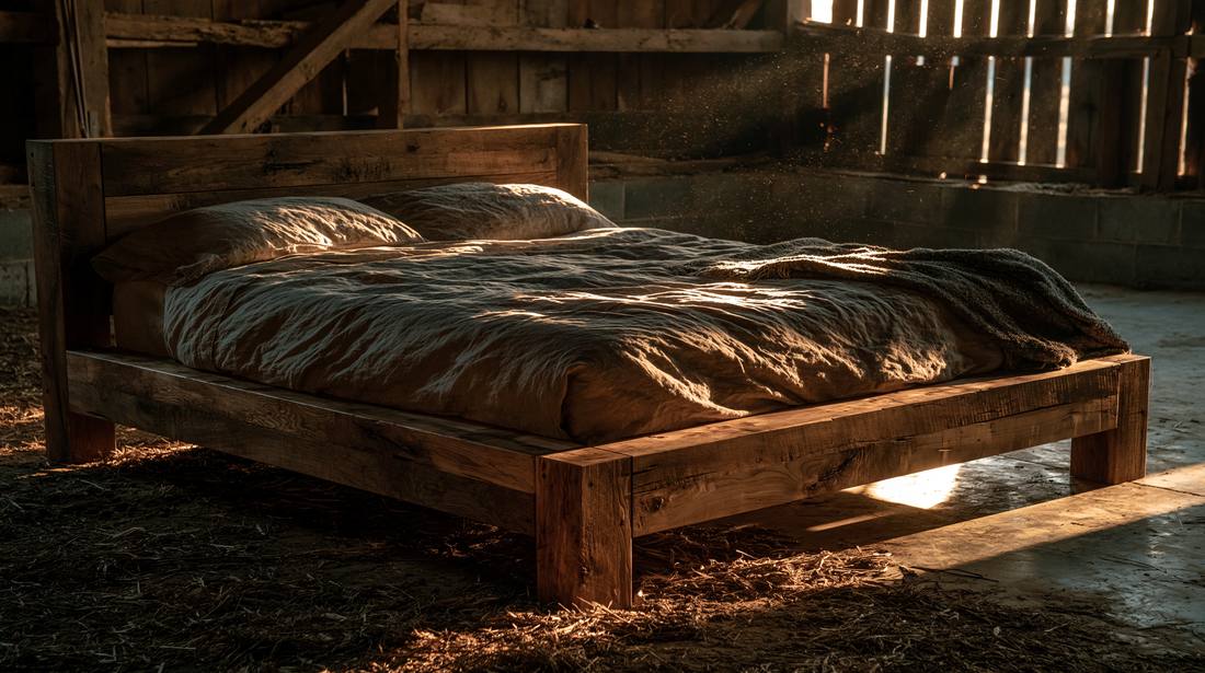 A hand-built hickory bed frame from Mervin's General Store in golden barn light