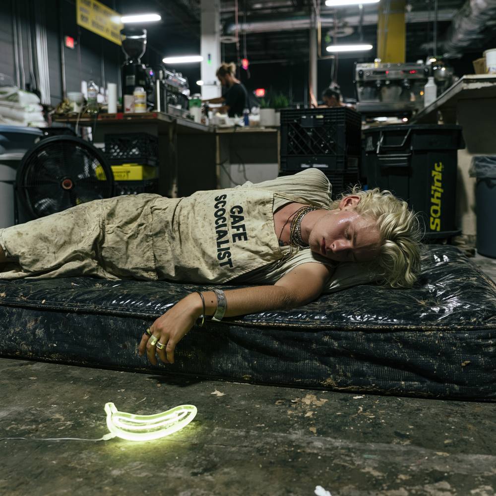 An exhausted barista asleep in his apron on an old mattress behind the cafe
