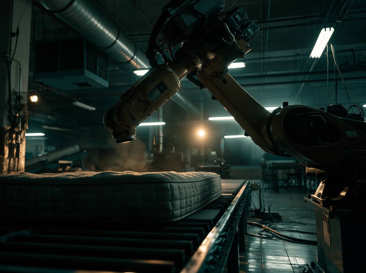 DENISE, our refurbishment robot, at work above a mattress in Warehouse 7