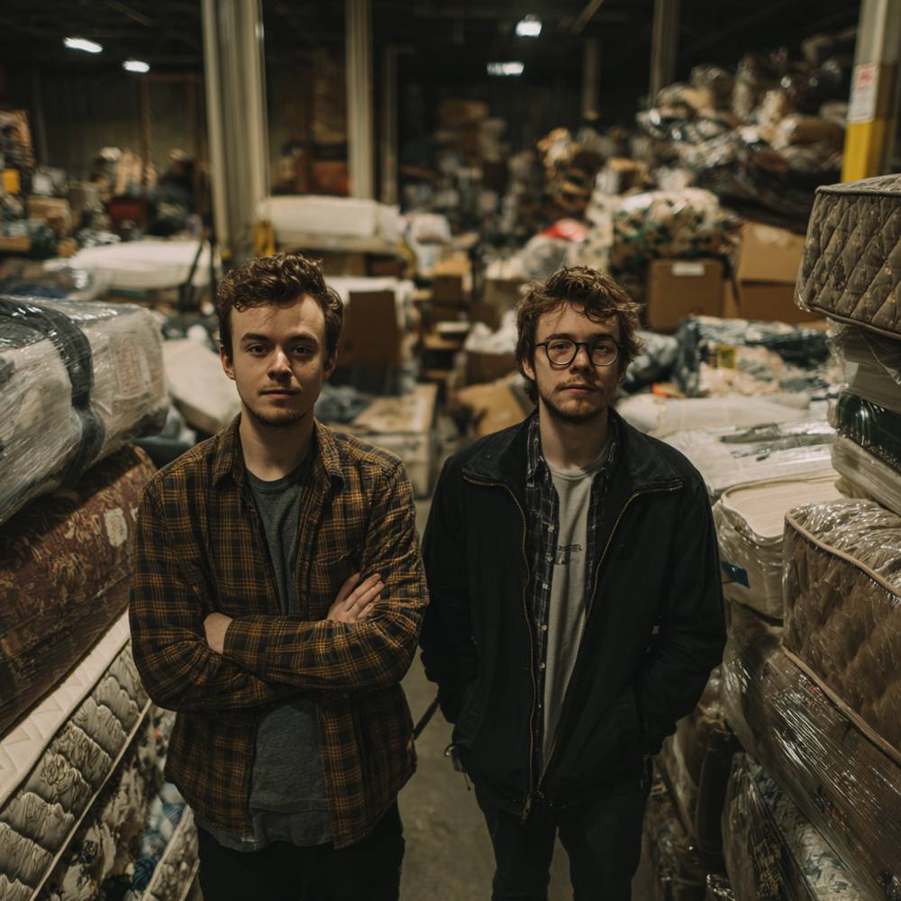 Tanner Voss and Dhruv Beckett-Liu standing solemnly in a warehouse aisle stacked with mattresses
