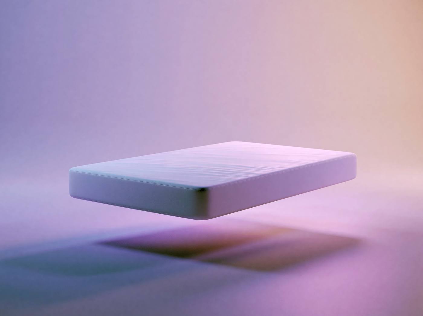 A Certified Pre-Slept mattress floating serenely in a lavender void