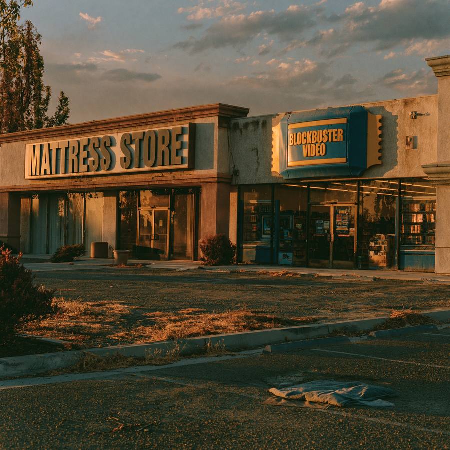 The original Mattress Store storefront beside a Blockbuster Video in golden Fresno light