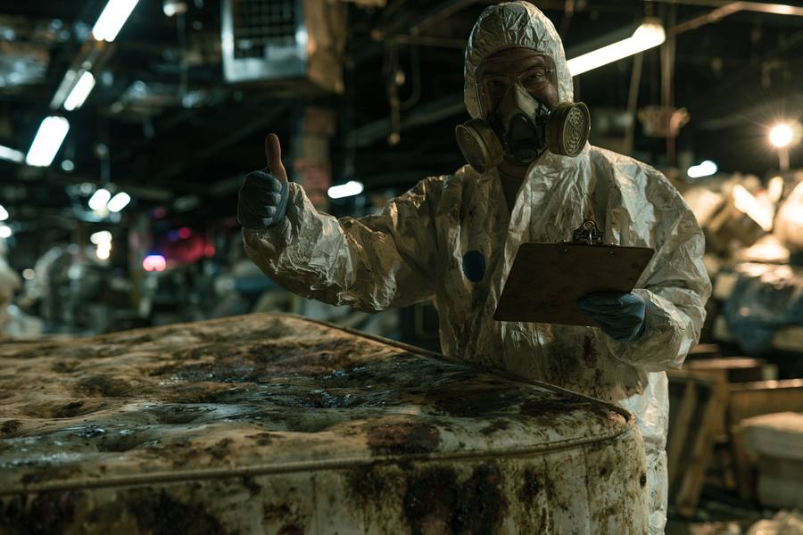 An inspector in a full hazmat suit giving a thumbs up beside a liquidation mattress
