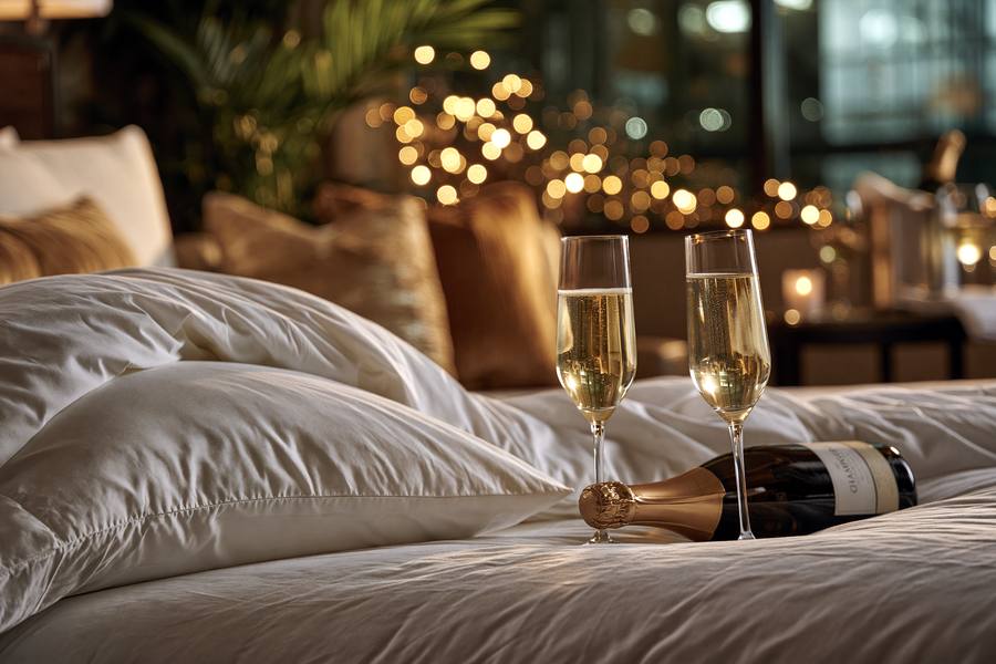 The Honeymoon — a resort-sourced mattress with champagne-toned lighting